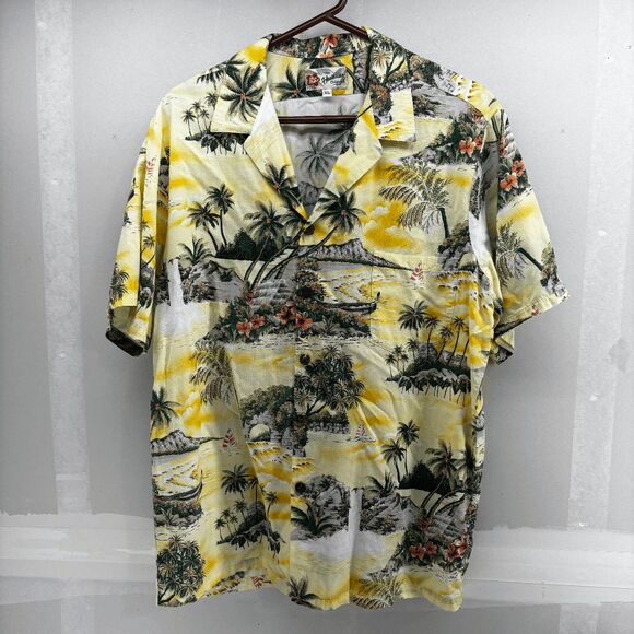 Vintage Hilo Hattie Hawaiian Shirt XL Yellow Palm Beach Aloha Floral Volcano EUC - Picture 1 of 5